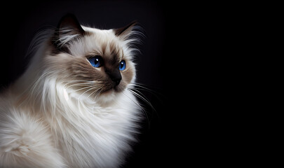 Cat portrait. Birmant cat on dark background, space for text.  Cute cat. Digital art