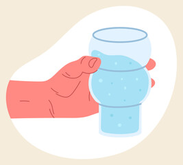Human hand hold glass of mineral water. Hand holding water glass, cold drinks, spring sparkling water isolated flat vector illustration on white background