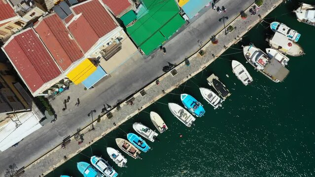 Aerial top down footage of the beautiful island of Symi Greece