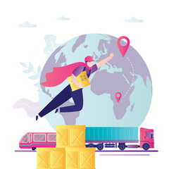 Delivery man looking like super hero flies through the sky. Male worker with parcels. Courier deliver packages to client. Logistic, fast shipment on railway or trucks.