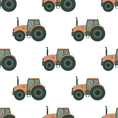 Seamless pattern with farm tractor. Texture, decoration, tractor pattern repeat isolated on white background.