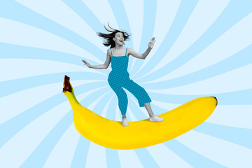 Creative collage image of excited overjoyed girl black white gamma ride huge banana isolated on...