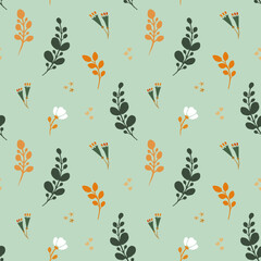 Floral pattern on a green background. Hand drawn vector leaves, twigs, flowers. Seamless image.