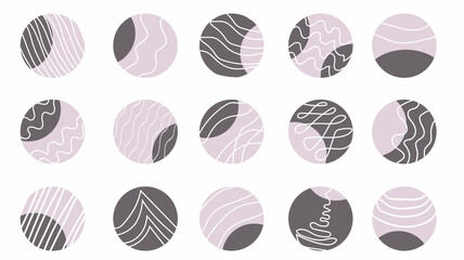 Round icons with abstract lines, shapes, doodles for highlighting stories, social networks, for bloggers, photographers, for highlighting covers. Aesthetic background, modern fashion blog and fashion