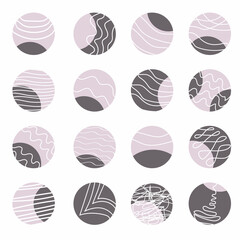 Round icons with abstract lines, shapes, doodles for highlighting stories, social networks, for bloggers, photographers, for highlighting covers. Aesthetic background, modern fashion blog and fashion