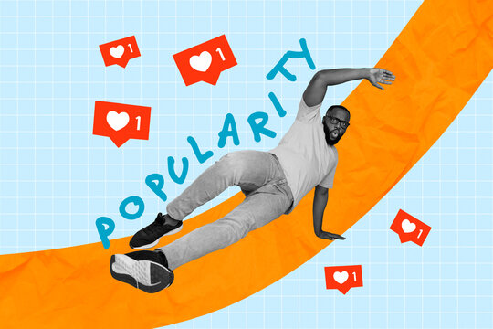 Composite collage image of excited guy black white colors breakdance like notifications popularity tiktok instagram facebook
