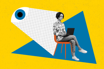 Creative collage illustration of clever serious concentrated girl types email on laptop eyesight...