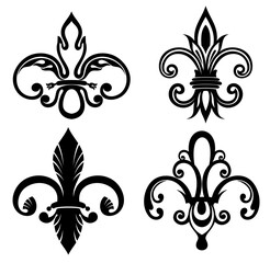 Black heraldic  royal lily sign, logo, design element, decoration. Graphic vector pattern.