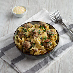 Homemade One-Pot Swedish Meatball Pasta in a Bowl, side view.