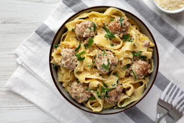 Homemade One-Pot Swedish Meatball Pasta in a Bowl, top view. Flat lay, overhead, from above. Space for text.