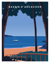 travel poster Coastline of Bassin Arcachon bay in France. vector landscape illustration with flat style for poster, card, postcard, print, etc. - obrazy, fototapety, plakaty