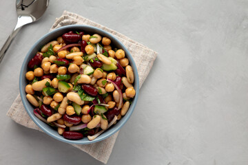 Homemade Three Bean Salad in a Bowl, top view. Flat lay, overhead, from above. Copy space.