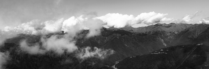 Black and white mountain landscape.