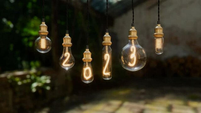 Light bulb New Year video background. Edison light bulb. 2023 year.