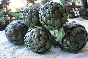 large artichokes, lots of artichokes on the tablecloth, round green artichokes, healthy vegetables, raw vegetables