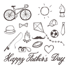 Happy Father's Day hand-drawn illustration isolated transparent background with text. Set of hand drawn doodle drawings. Illustration from vector.