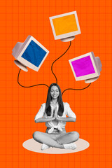 3d abstract creative artwork template collage of calm peaceful woman connect computers wires...