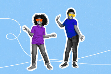 Creative drawing collage picture of dancing kids boys have fun sunglasses party disco weekend...