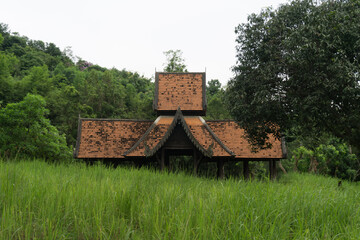 The old wooden pavilion is overgrown with tall grass. Chiang Mai, Thailand