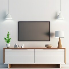 TV on the cabinet in modern living room on white wall background,3d rendering