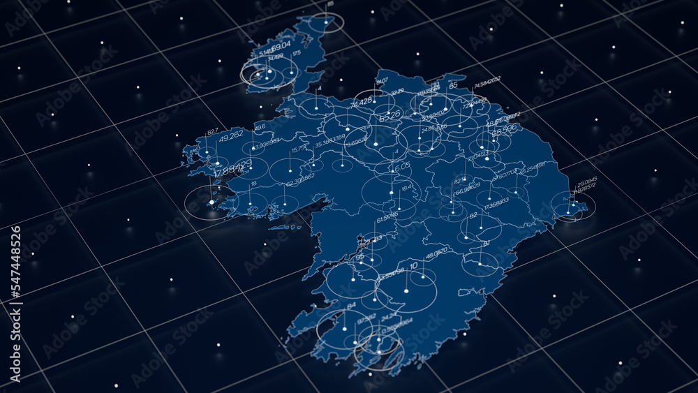 Poster ireland blue map big data visualization. futuristic map infographic. information aesthetics. visual 
