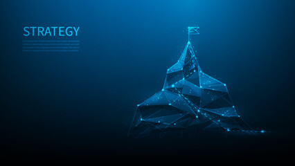 business strategy path to success on blue background. mountain with flag on top low poly. leadership vision and goal. target business mission. achievement setting. vector illustration technology.