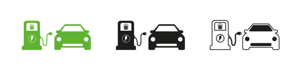 Electric car charging station icon.  Symbols of an electric car at a gas station.  Alternative energy. Vector EPS 10.