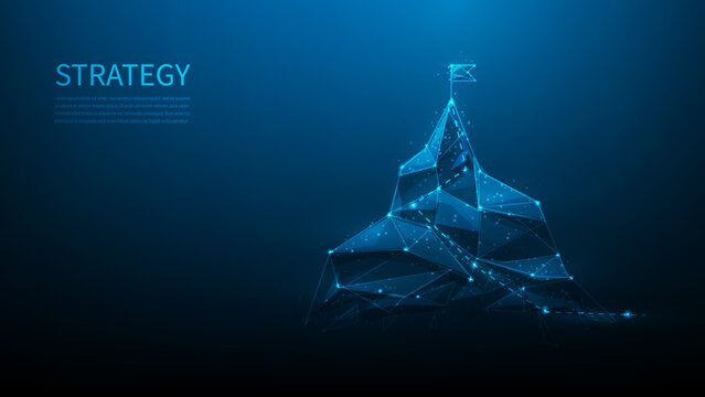 business strategy path to success on blue background. mountain with flag on top low poly. leadership vision and goal. target business mission. achievement setting. vector illustration technology.