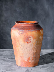 Old shabby ceramic jug on concrete surface