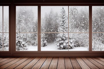 Empty room with wooden floor and window with winter view, fir trees in snow. Generative AI Illustration