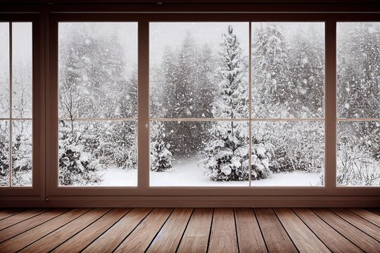 Fototapeta Empty room with wooden floor and window with winter view, fir trees in snow. Generative AI Illustration