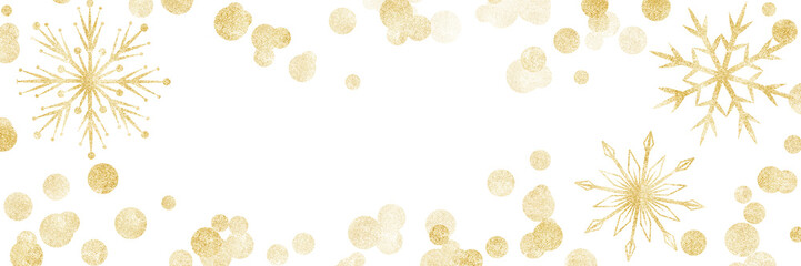 Fototapeta na wymiar Christmas banner with golden snowflakes and confetti on transparent background