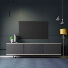 Cabinet for TV wall mounted in modern living room with decoration on dark wall background.3D rendering