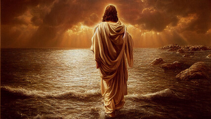 Jesus Christ walking on water - obrazy, fototapety, plakaty