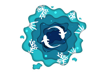 abstract background paper cut under the sea, Under the sea where fish live and the surrounding seaweed corals Under the ocean there is a wide variety of creatures.
