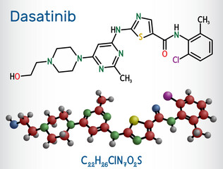 Dasatinib molecule. It is used to treat of myelogenous leukemia, CML, and acute lymphoblastic leukemia, ALL. Structural chemical formula, molecule model.