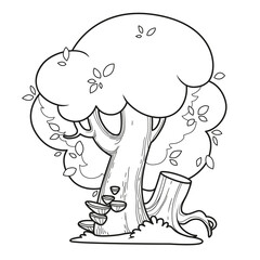 Big foliar tree overgrown with growths of mushrooms and with a stump nearby linear drawing for coloring page isolated on white background