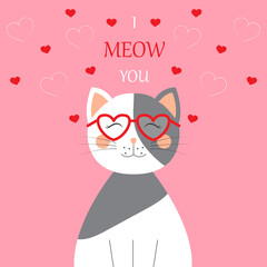 Cute cartoon character cat with the inscription I Meow you. Valentine's Day card design. Vector illustration
