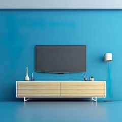 Smart Tv Mockup with blank screen hanging on the blue wall, living room. 3d rendering
