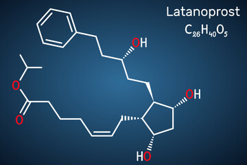 Fototapeta premium Latanoprost molecule. It is isopropyl ester prodrug used to treat increased intraocular pressure. Structural chemical formula on the dark blue background