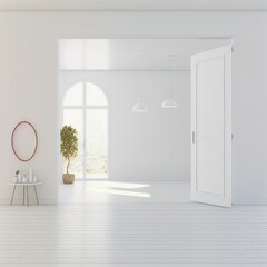 White empty minimalist room interior with door, wooden floor, decor on a large wall, white landscape in window. Background interior. Home nordic interior. 3D illustration
