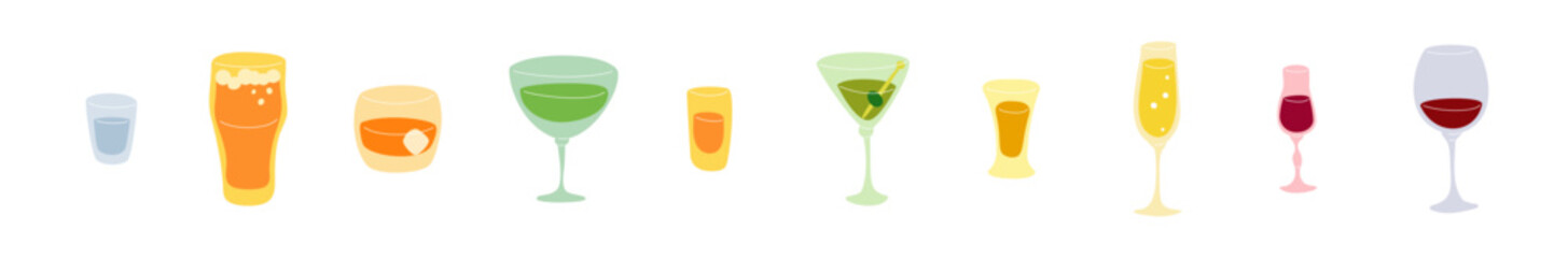 Vodka beer whiskey vermouth rum martini tequila champagne liquor red wine glass on white background. Cartoon sketch. Flat style. Conditional colored hand drawn image. Party drink concept. Freehand