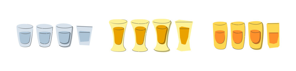 Vodka tequila rum glass on white background. Cartoon sketch graphic design. Doodle style. Colored hand drawn image. Party drink concept for restaurant, cafe, party. Freehand drawing. Different styles