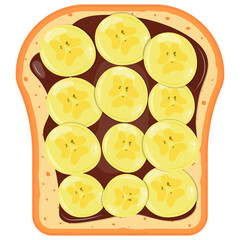 Fototapeta premium Sweet toast with chocolate sauce, and banana toppings vector illustration. Cartoon isolated slices of toasted bread, top view of sandwiches for kids and for breakfast