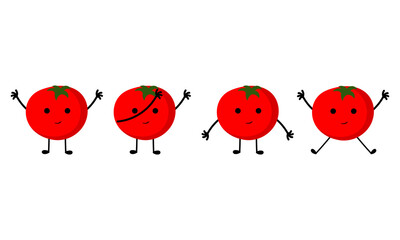 a collection of illustrations of tomatoes with cheerful faces on a white background