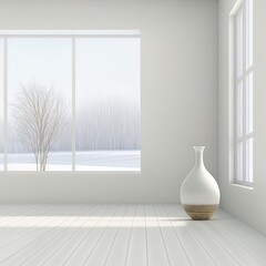 Fototapeta na wymiar White empty minimalist room interior with vase on a wooden floor, decor on a large wall, white landscape in window. Background interior. Home nordic interior. 3D illustration