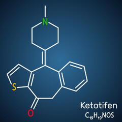 Ketotifen, histamine H1 receptor blocker molecule. It is used to treat atopic asthma, allergic conjunctivitis. Structural chemical formula on the dark blue background.