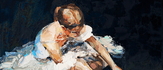 Young beautiful ballerina in lush white and light white dress sits on the floor before the performance, the background is black. Oil painting on canvas. - Powered by Adobe