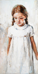 Art painting. Portrait of a  little girl with braids is made in a modern style.