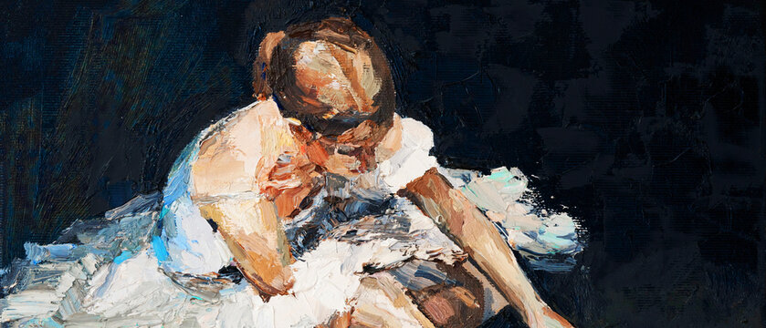 Young beautiful ballerina in lush white and light white dress sits on the floor before the performance, the background is black. Oil painting on canvas.